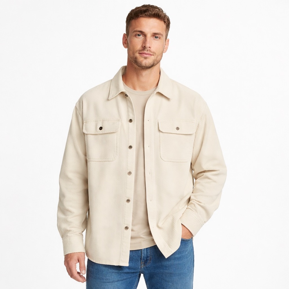 ASOS DESIGN Corduroy Shirt Jacket Men’s 2XL Cream Button Front Overshirt Cotton